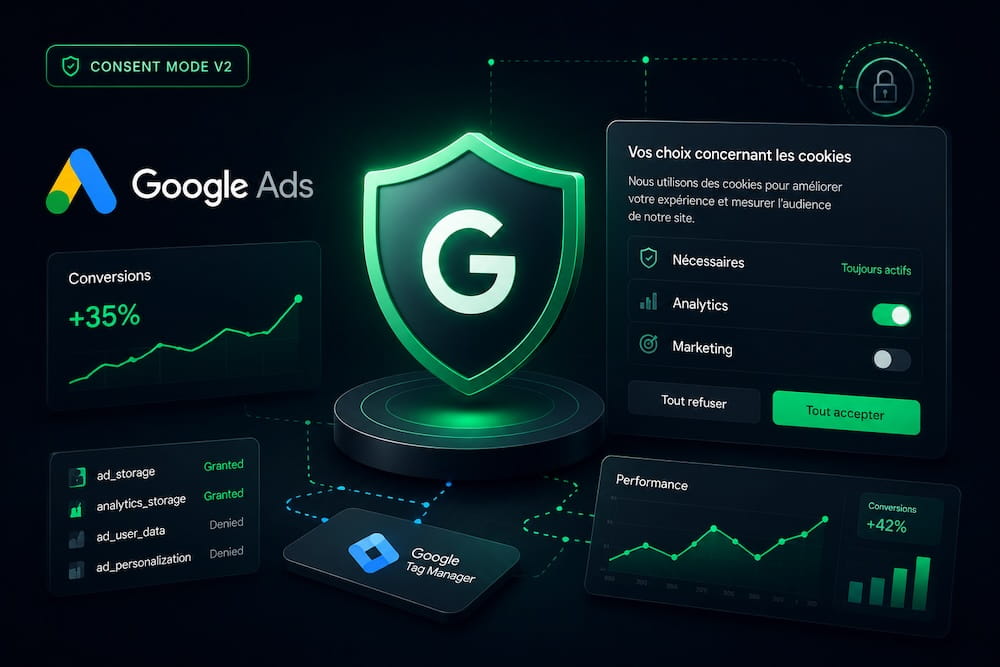 Illustration Google Consent Mode v2 avec Google Ads, Google Tag Manager et bannière de consentement CookieFort