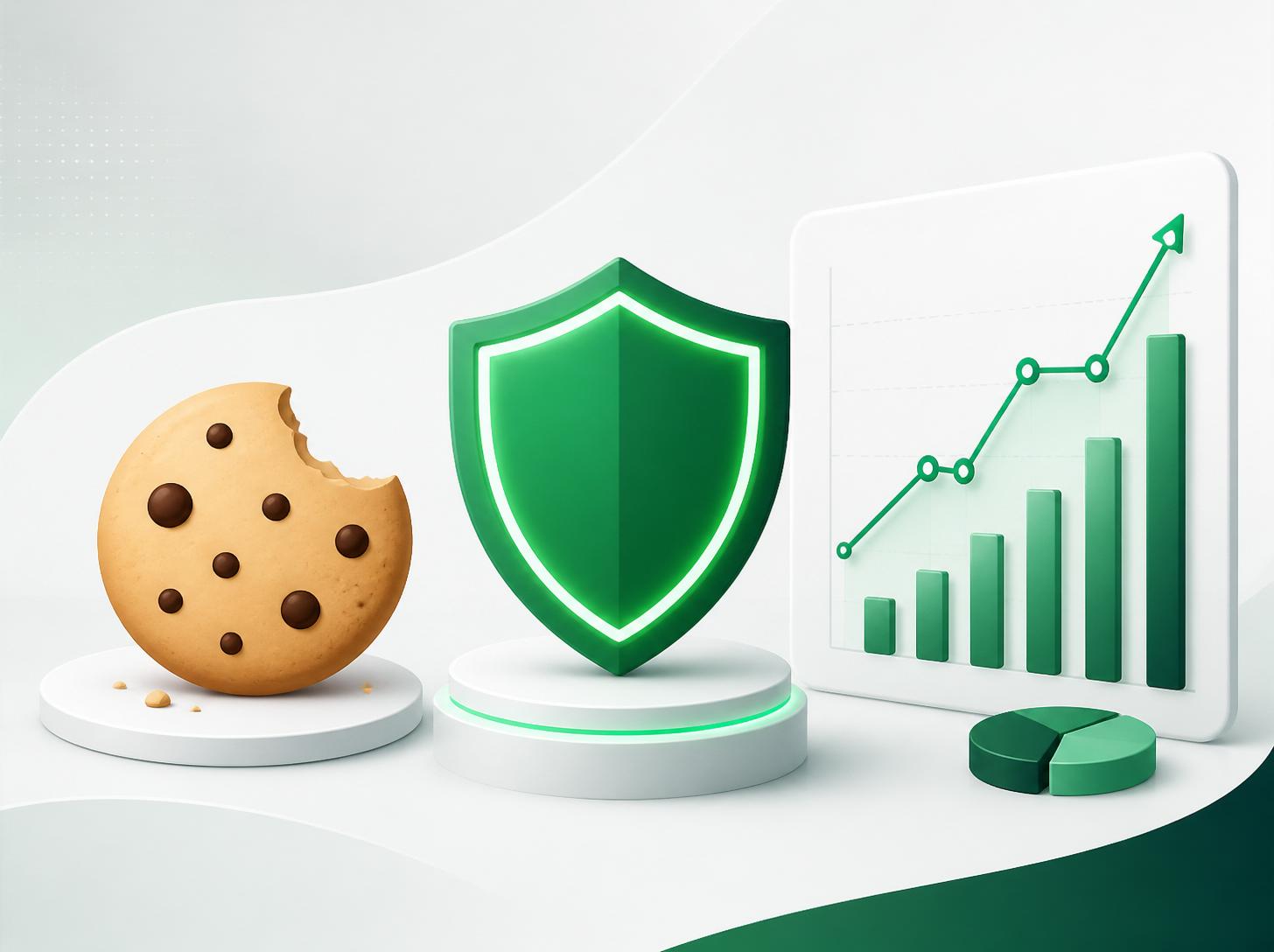 Illustration minimale comparant un cookie web, un bouclier de conformité vert et un graphique de données analytiques pour expliquer la différence réelle entre une simple bannière cookies et une CMP.