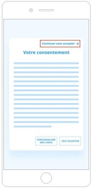 Recommandations de la CNIL : L'utilisateur peut cliquer sur « continuer sans accepter » pour exprimer son refus au dépôt et à la lecture de traceurs