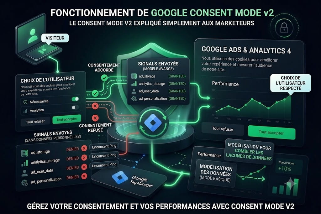 Illustration Google Consent Mode v2 avec Google Ads, Google Tag Manager et bannière de consentement CookieFort